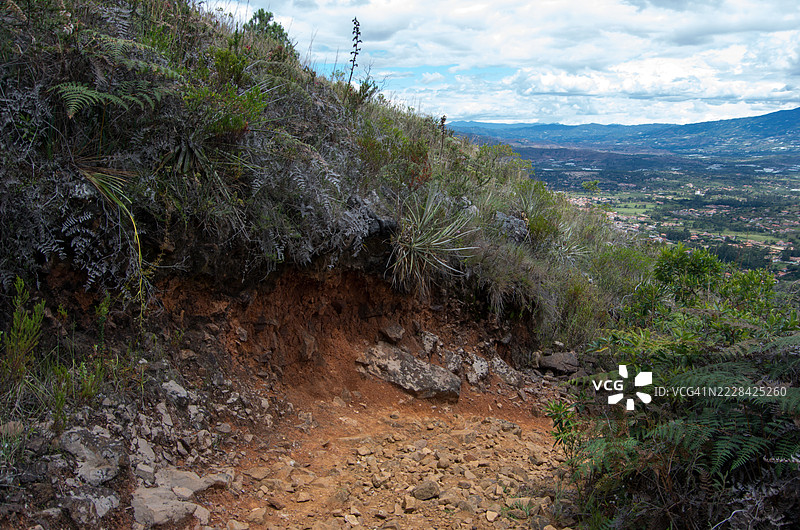 从哥伦比亚博亚卡省维拉德莱瓦的圣佩德罗德伊瓜克徒步旅行路线俯瞰扎肯西帕谷【Zaquencipá Valley】的景色,位于伊瓜克动植物保护区【Iguaque Flora and Fauna Sanctuary】。图片素材