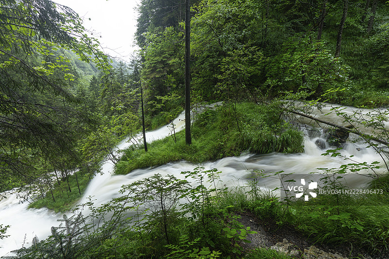 在因策尔附近的魏斯巴赫谷中，经过大雨后的神奇瀑布图片素材