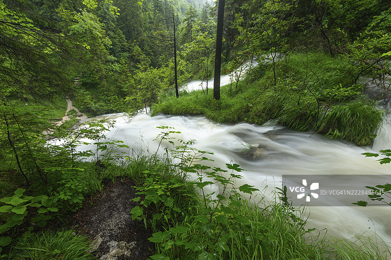 在因策尔附近的魏斯巴赫谷中，经过大雨后的神奇瀑布图片素材