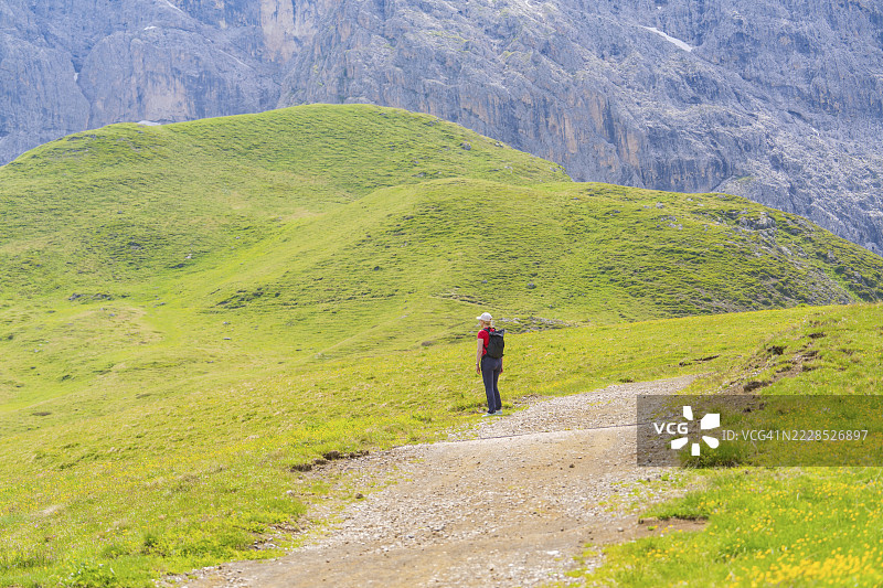 意大利南蒂罗尔阿尔卑斯山脉塞奇阿勒皮的徒步者独自在山间小径上行走图片素材