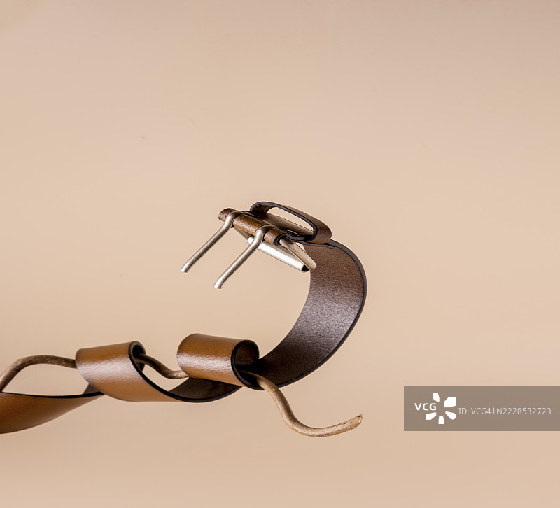 一条皮革男士腰带，金属扣环缠绕在树枝上，像蛇一样，背景为米色，留有文字空间。图片素材