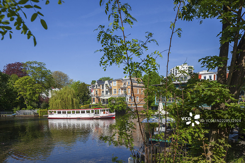 春季的阿尔斯特轮船和高档住宅建筑，位于汉堡冬湖区的外阿尔斯特侧湾，米伦坎普。图片素材