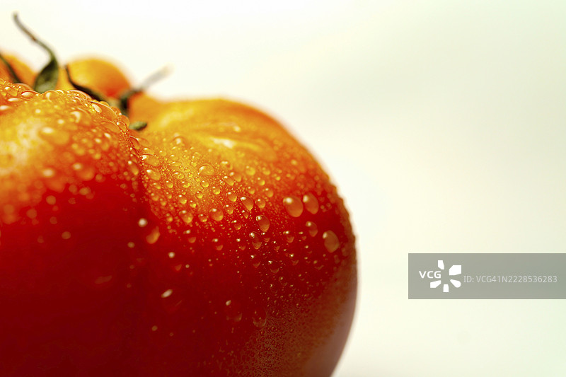 一颗成熟的红番茄特写，闪烁着新鲜水滴，传达出新鲜和品质感图片素材