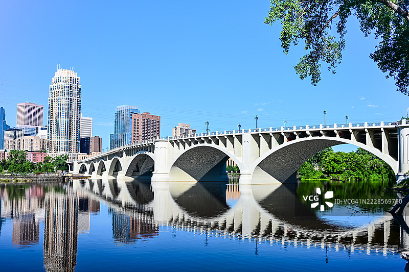 明尼阿波利斯桥梁与天际线倒影图片素材