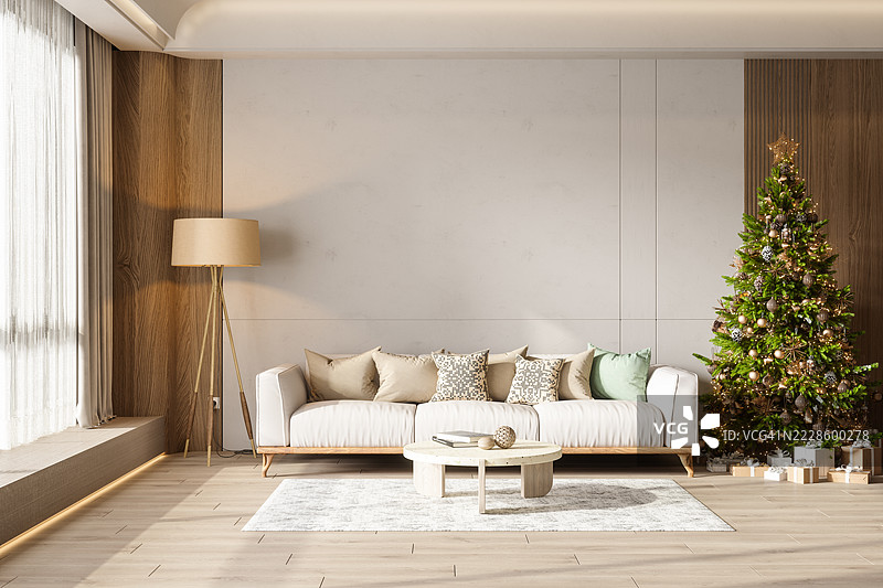 现代客厅室内，配有圣诞树、礼品盒、沙发、落地灯和空白墙壁图片素材