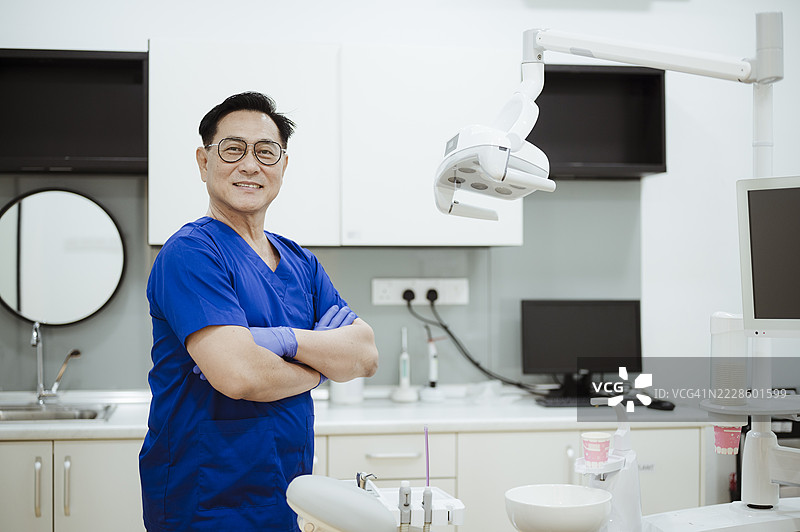 微笑的男性牙医站在明亮的牙科诊所里。图片素材