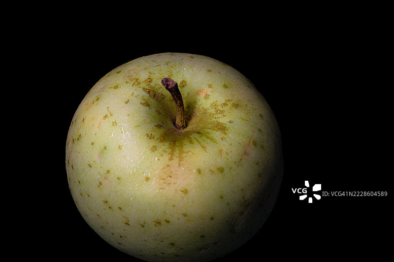 新鲜的绿色苹果上有水珠，背景为黑色图片素材