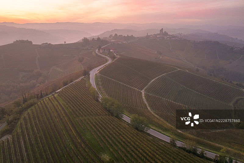 清晨温暖的阳光照亮了意大利皮埃蒙特地区的朗格葡萄园，这里是联合国教科文组织世界遗产，秋天的早晨显得格外迷人。图片素材