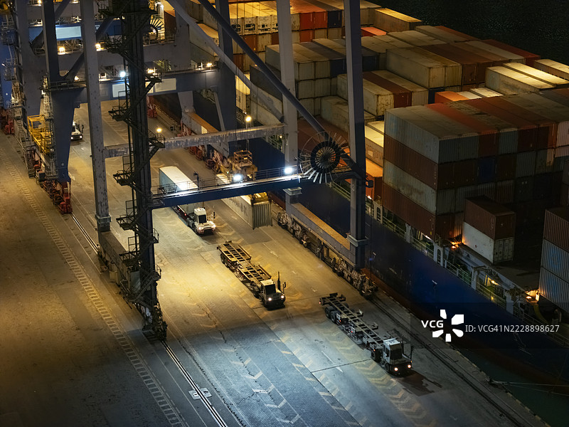 航拍视角下的起重机桥正在商业港口的码头上将集装箱卸载到卡车，适用于商业物流、进出口、运输或货运。图片素材