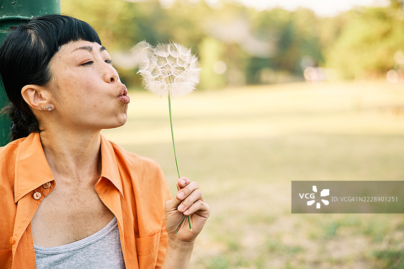 户外吹蒲公英的日本女性图片素材