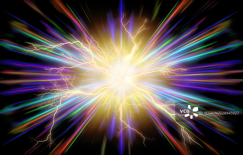 抽象背景，移动电能的爆炸，带有多彩光线的轨迹。图片素材