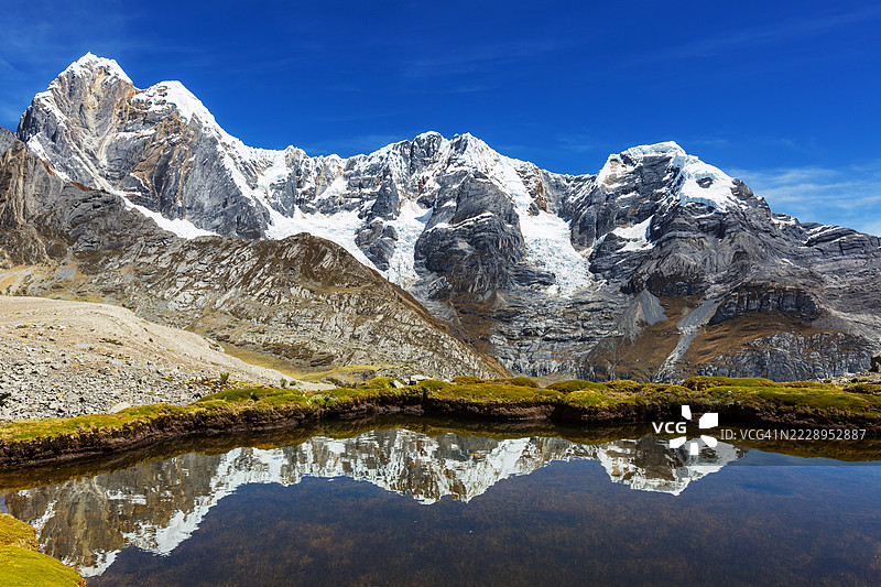 科尔迪列拉·怀怀什的雄伟山峰倒映在高山湖泊中，拉莫利纳，利马，秘鲁图片素材