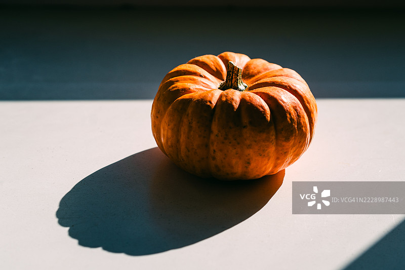 小橙色南瓜在白色表面上被阳光照亮图片素材