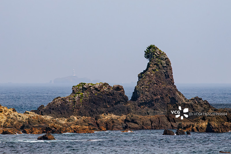 从公交车窗外看到的风景。一块因形状像哥斯拉而稍有名气的奇特岩石。日本静冈县賀茂郡南伊豆町 - 2025年7月5日，东海巴士从伊豆半岛最南端的下田站出发。图片素材