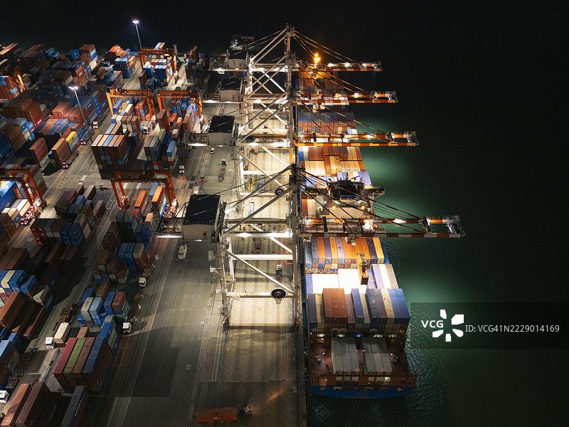 航拍视角下的起重机桥正在商业港口的码头上将集装箱卸载到卡车，适用于商业物流、进出口、航运或货物运输。图片素材