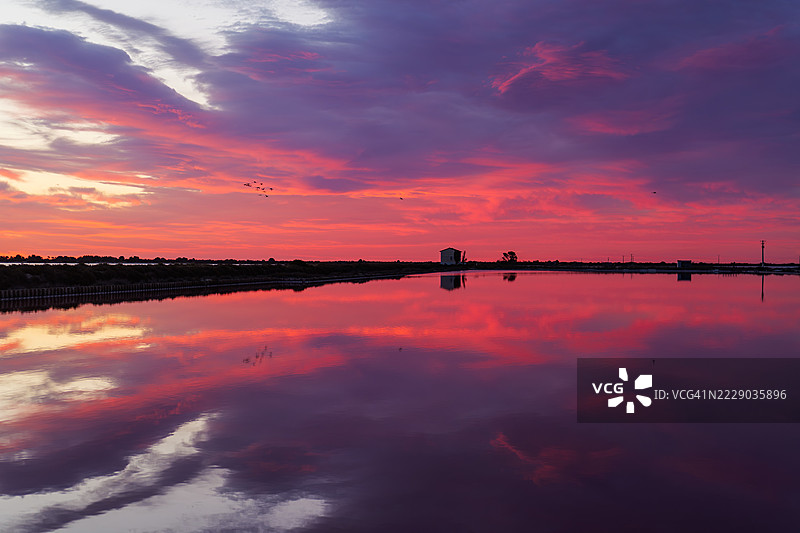 彩色日出映照在盐沼上，法国艾格莫尔特斯图片素材