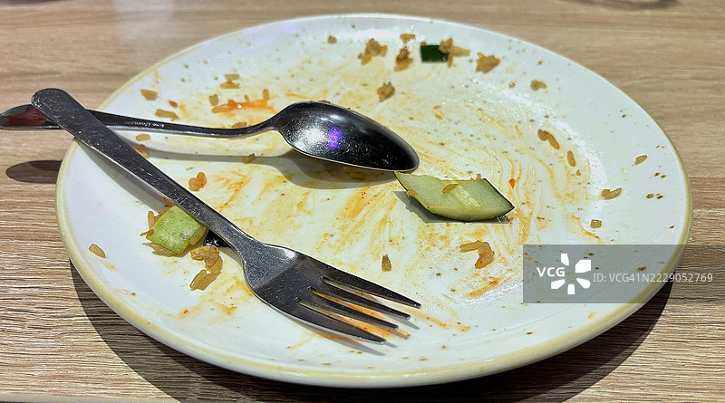 空盘子特写，旁边有叉子、勺子和黄瓜片，象征着美味餐后满足和享受。图片素材