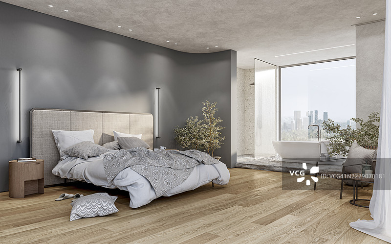 豪华酒店卧室的侧面视图，背景为灰色墙壁，配有一张床、一把扶手椅、一个独立浴缸、淋浴间，面向大窗户，窗外是城市景观，装饰精美。图片素材