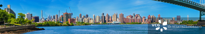 RFK三州大桥、阿斯托里亚公园长廊和纽约市天际线，曼哈顿上东区的摩天大楼在早晨的景象，美国纽约。图片素材