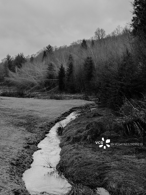 溪流穿过干燥的冬季田野，汉考克，纽约，美国图片素材