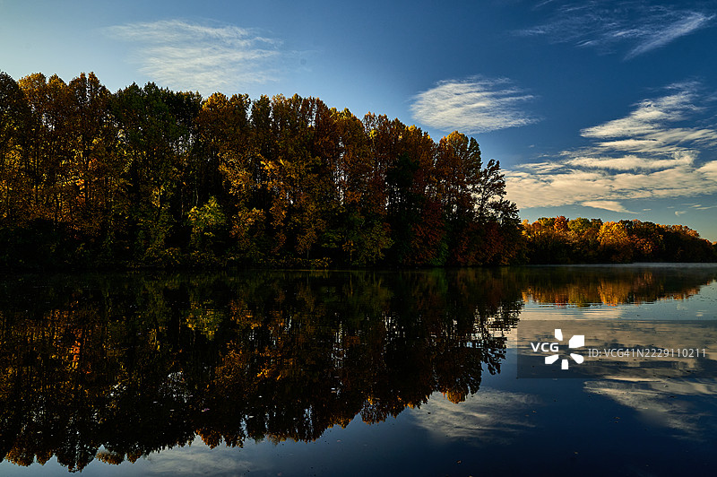 秋天，宾夕法尼亚州朗霍恩湖边的树木与天空相映成趣图片素材