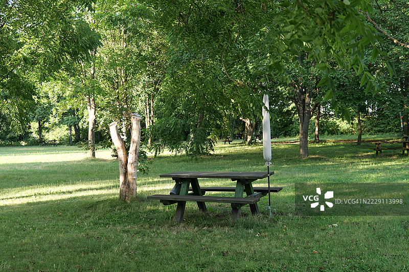 维也纳，奥地利古老树木下的乡村户外野餐桌图片素材
