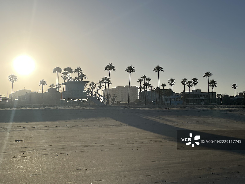 酷炫的日出海滩，棕榈树的剪影投下阴影图片素材