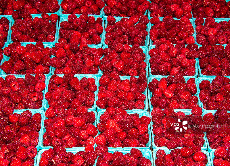 明亮的红色覆盆子装在夸脱容器中图片素材