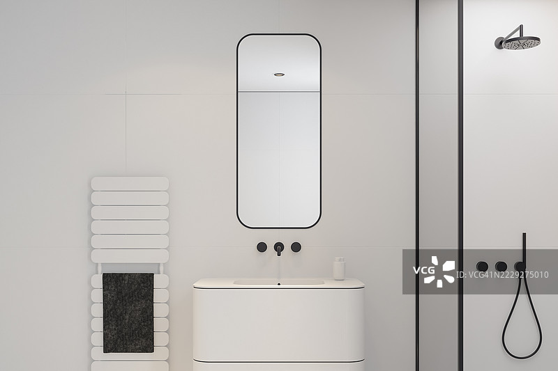 简约时尚的浴室，配有玻璃淋浴和壁挂式设施图片素材