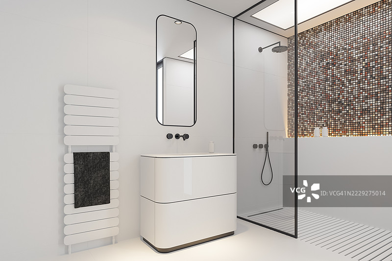 简约时尚的浴室，配有玻璃淋浴和壁挂式设施图片素材