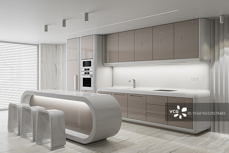 未来感的白色和米色厨房，配有弯曲的瀑布岛和大理石地板图片素材