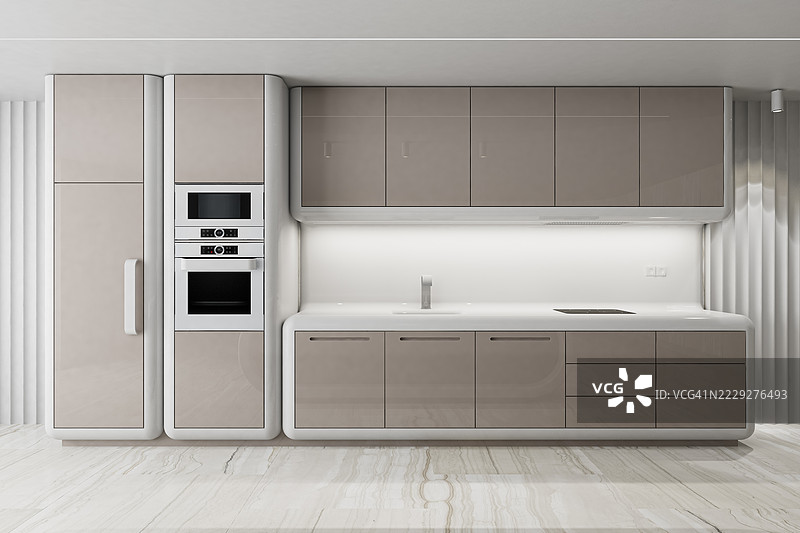 未来感的白色和米色厨房，配有弯曲的瀑布岛和大理石地板图片素材