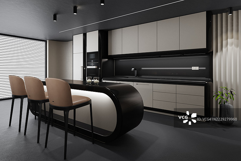 未来主义极简厨房，带有柔和的圆角图片素材