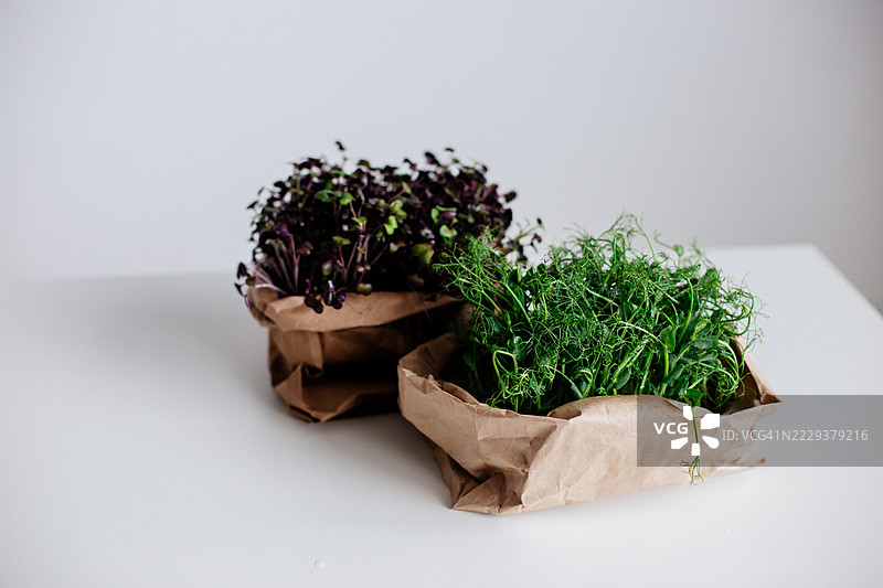 新鲜的微型绿叶菜装在环保的棕色纸袋中，放在白色表面上图片素材