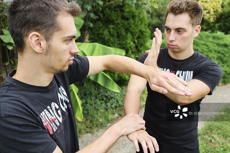 和谐动作的两兄弟：咏春拳，功夫武术图片素材