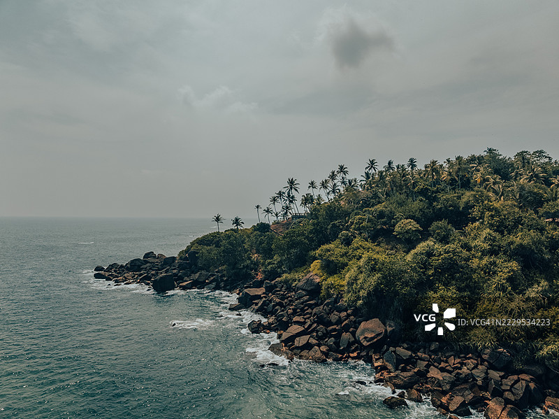 空中图像显示斯里兰卡南部省马塔拉区米里萨半岛上的棕榈树。图片素材