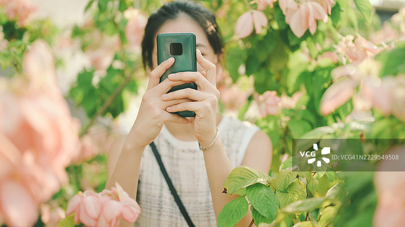 环保探索的年轻女性享受发现可持续的宁静奢华旅行，在风景如画的秋季森林中悠闲漫步。图片素材