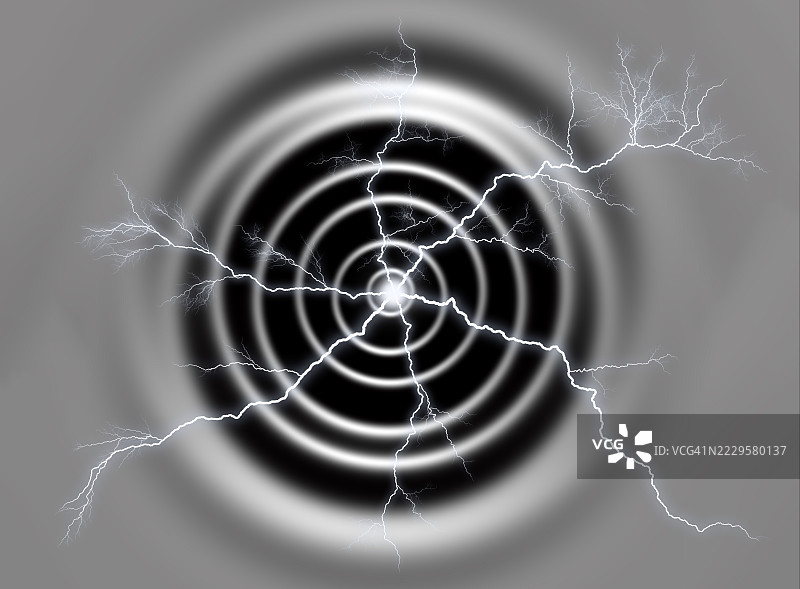 小波浪在同心圆中移动，伴随着闪电和电能释放。图片素材