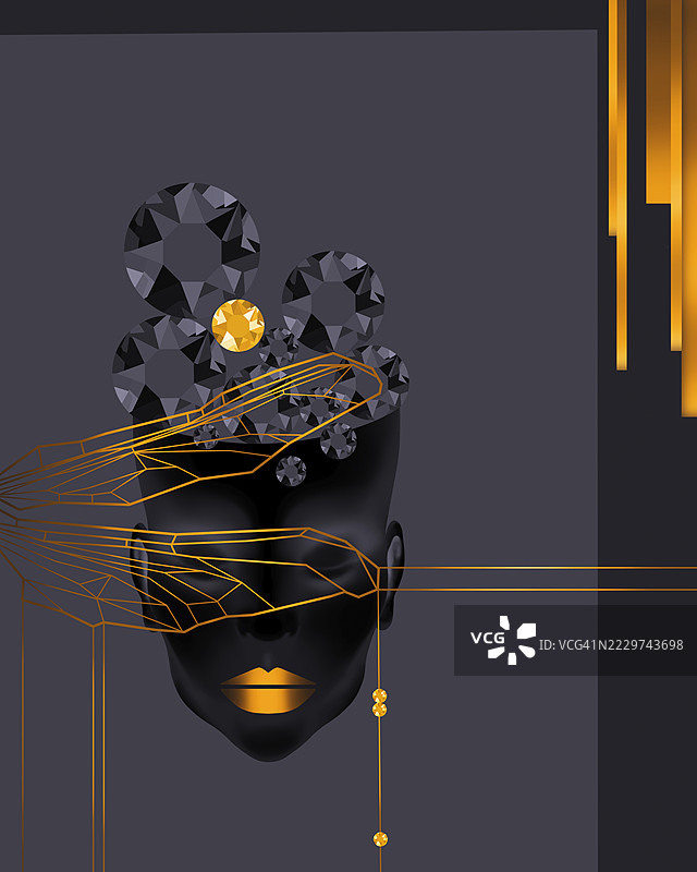 抽象数字艺术作品，描绘了一位女性与几何元素和奢华风格。图片素材
