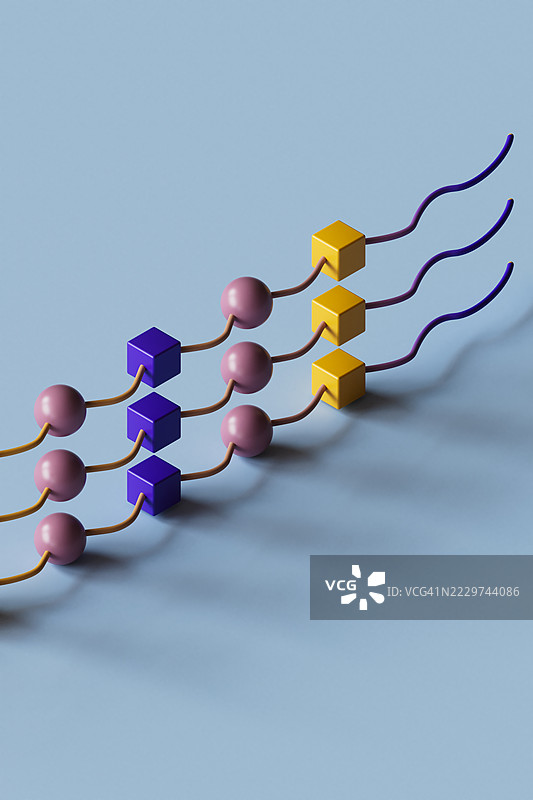 蓝色背景上的紫色和黄色抽象几何形状序列的3D渲染图图片素材