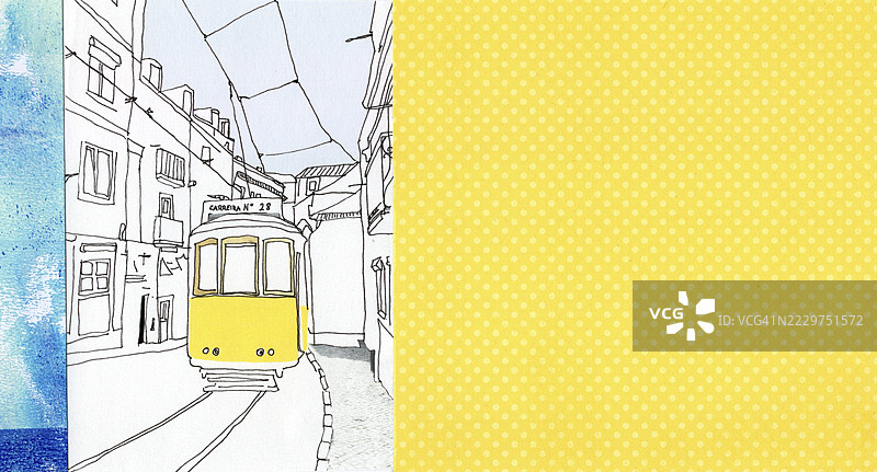 里斯本的黄色电车插图，背景为抽象拼贴画图片素材
