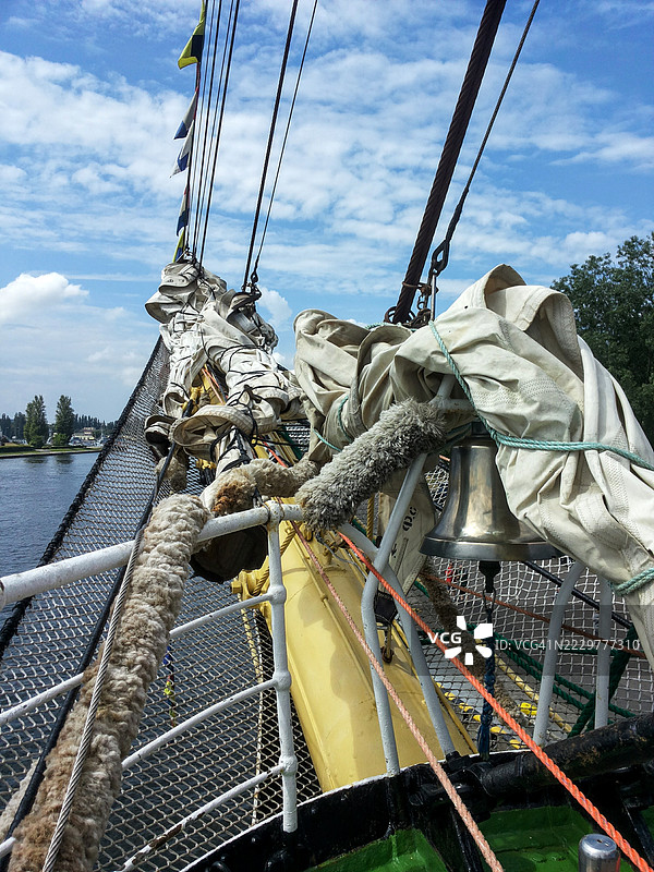 在蓝天下，船甲板上有帆和索具的景象，波兰图片素材