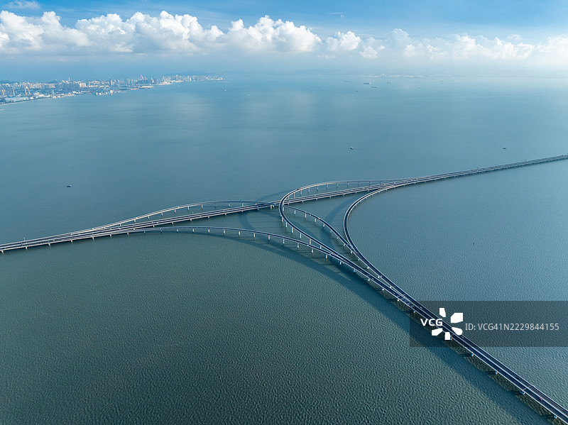 中国山东省青岛胶州湾大桥的无人机俯瞰视角图片素材