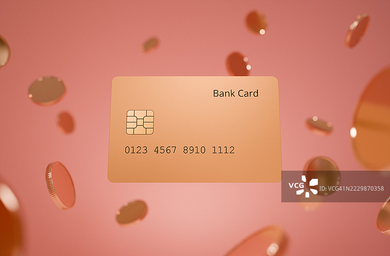 金色银行卡被漂浮的硬币环绕，背景为温暖的粉色图片素材