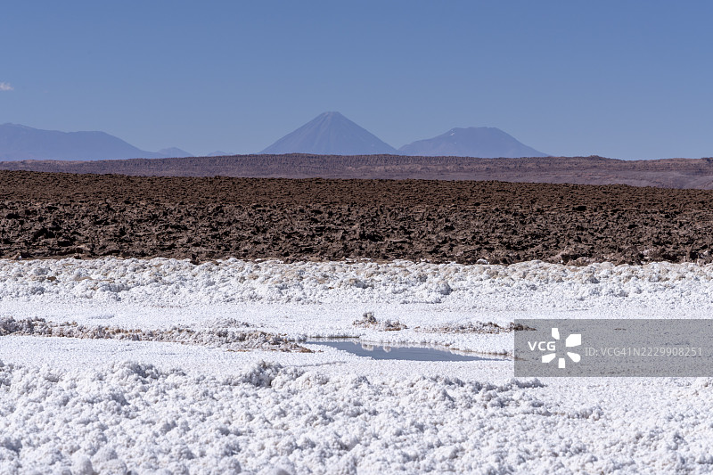 智利安托法加斯塔大区圣佩德罗·德·阿塔卡马托科纳奥的巴尔廷纳赫隐秘湖泊的彩色盐层图片素材