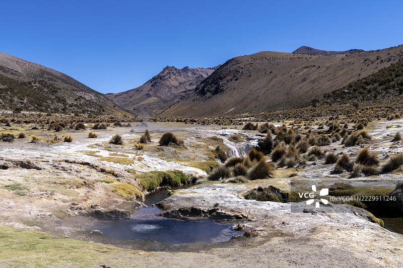 萨哈马国家公园，库拉瓦拉德卡兰加斯，奥鲁罗省的热泉，热水蒸汽弥漫图片素材