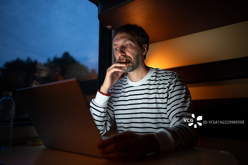 夜间在火车上工作的数字游民，忙碌而深思的男子在旅行途中进行视频通话。图片素材