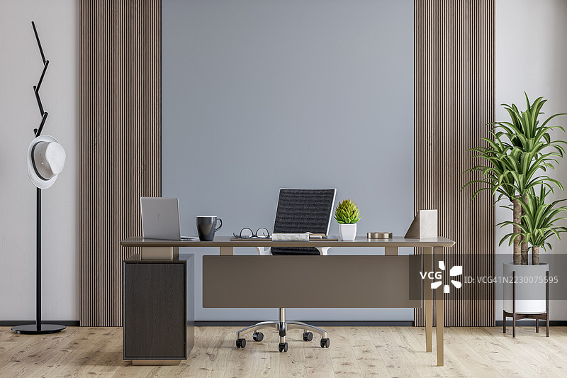 现代简约风格的办公室室内，配有桌子、椅子、盆栽植物和装饰，硬木地板前是硬木和浅灰色抹灰墙。图片素材