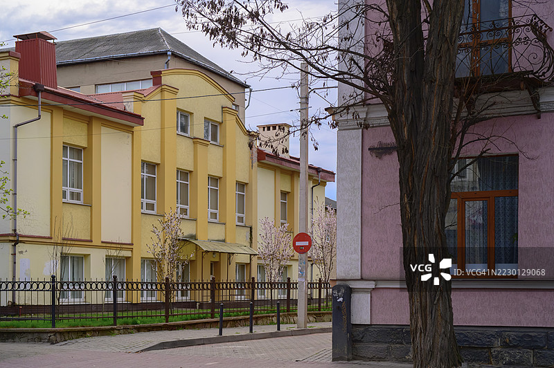 五颜六色的历史建筑沿着鹅卵石街道而立，盛开的树木勾勒出伊万诺-弗兰基夫斯克传统乌克兰建筑，展现迷人的城市风景。图片素材