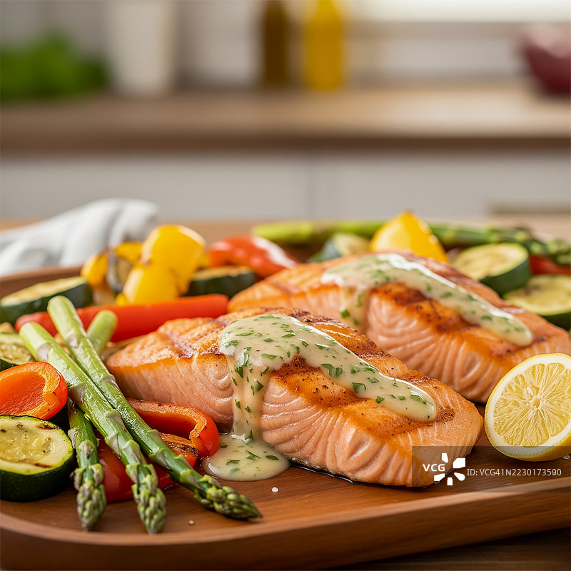 烤三文鱼配新鲜蔬菜和香草黄油酱图片素材